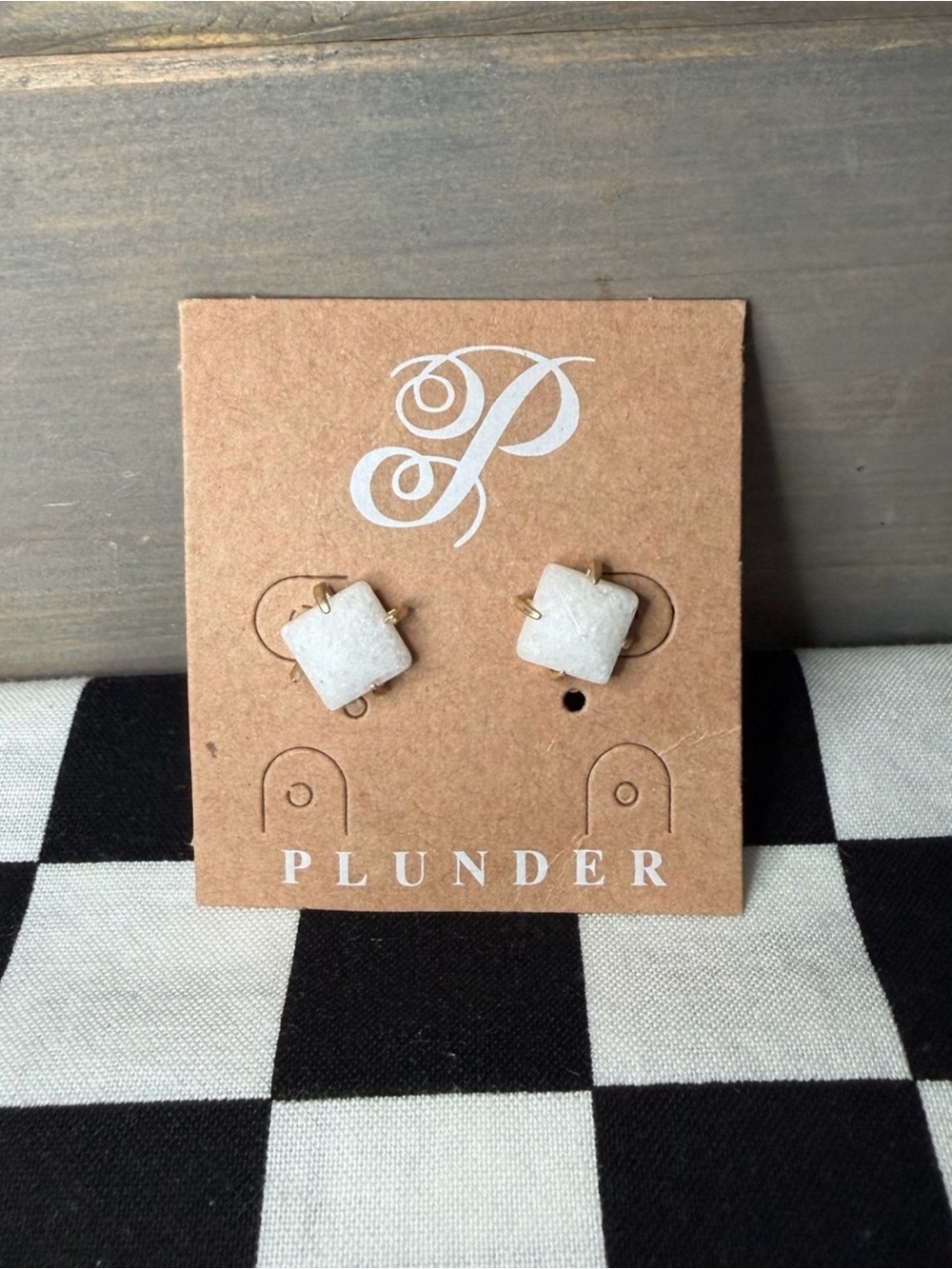 Plunder Gold-Tone White Square Stud Earrings